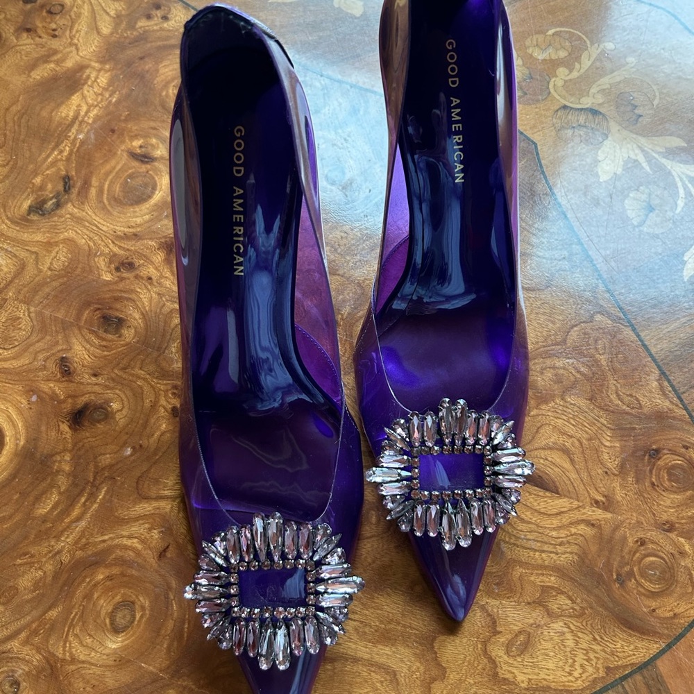 Good American Purple Stiletto Heels with Crystal Embellishments